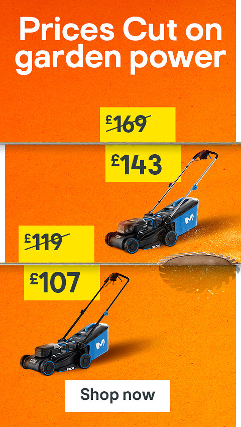 Prices cut on garden power. Includes Mac Allister 1700W 38cm Corded Push Lawnmower was £119 now £107 and Mac Allister 18V Cordless 34cm Push Lawnmower was £169 now £143. Shop now