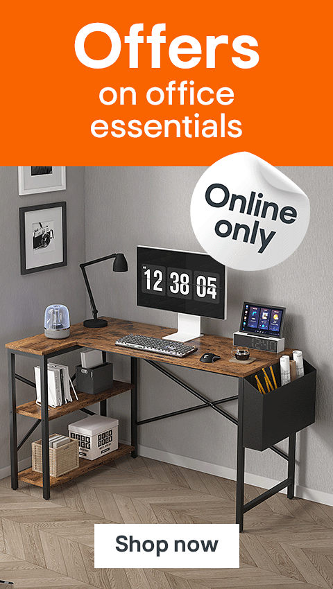 Offers on office essentials, online only offer. Includes MCC Direct Computer Desk with 2 Adjustable shelves. Shop now