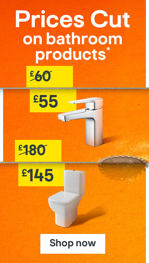 Prices cut on bathroom products, includes GoodHome Teesta Standard Basin Mixer Tap was £60 now £55, and Cooke & Lewis Santoro White Close-coupled Toilet with Soft close seat was £180 now £145.  Terms & conditions apply, see the *Terms & conditions at the end of the page. Shop now