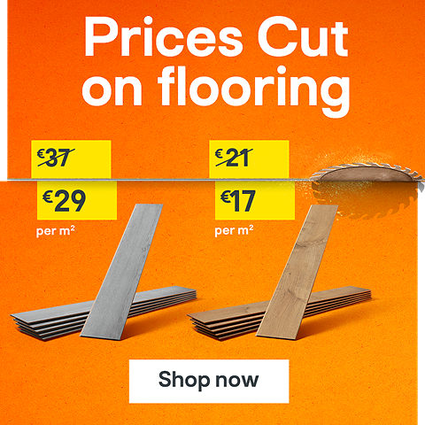 Prices cut on flooring. includes GoodHome Mambo Light Grey Natural Wood effect Synchronised Click vinyl Planks. was €37 now €29 per square metre, and Ravensdale Plank Oak effect Laminate Flooring was €21 now €17 per square metre. Shop now