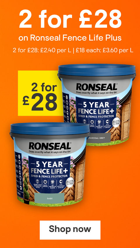 2 for £28 on Ronseal Fence Life Plus 5L. 2 for £28 is £2.40 per L, £18 each is £3.60 per L. Shop now