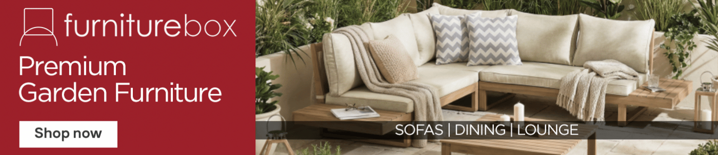 Sponsored Furniture Box banner showing a wide range of garden and patio furniture. Shop now button
